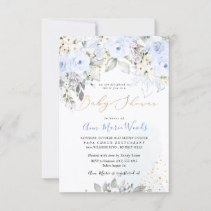 PixDezines Watercolor Dusty Blue Roses Baby Shower Invitation