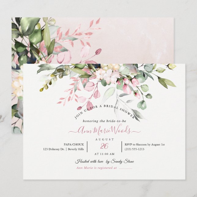 PixDezines Watercolor Dusty Pink Eucalyptus Bridal Invitation (Front/Back)