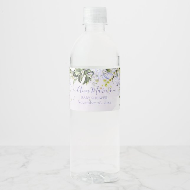 PixDezines Watercolor Dusty Purple Eucalyptus Water Bottle Label (Front)