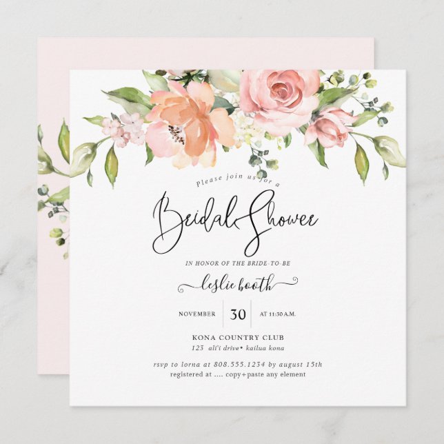 PixDezines Watercolor Dusty Rose Bridal Shower Invitation (Front/Back)