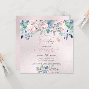 PixDezines Watercolor Dusty Rose Navy Blue Wedding Invitation