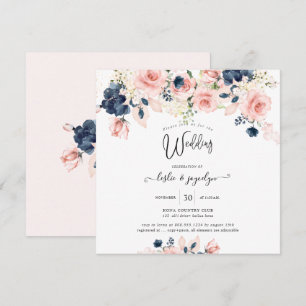 PixDezines Watercolor Dusty Rose Navy Blue Wedding Invitation