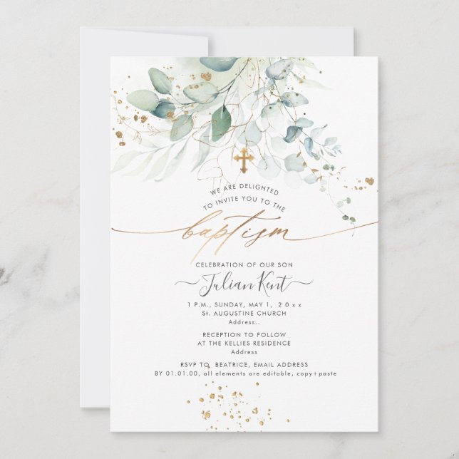 PixDezines Watercolor Eucalyptus Baptism Invitation (Front)