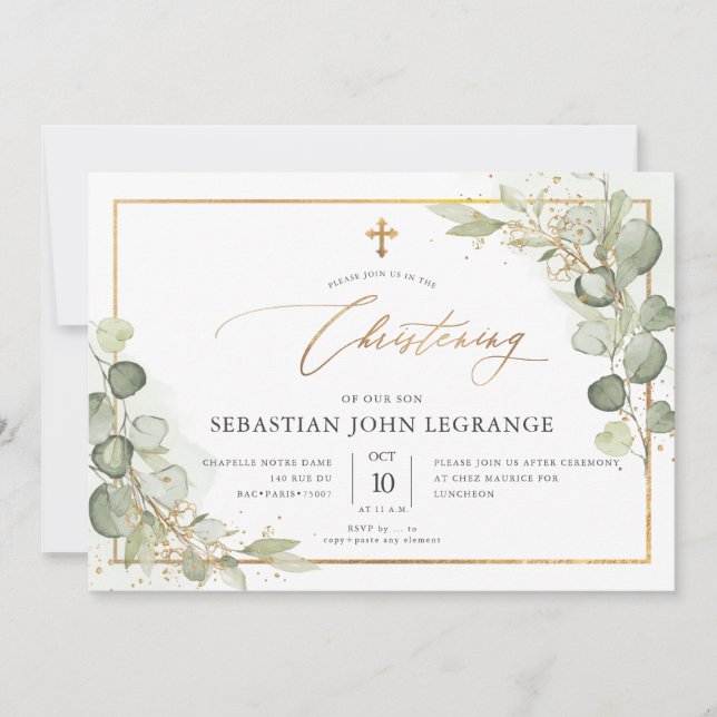 PixDezines Watercolor Eucalyptus Christening Invitation (Front)