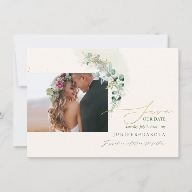 PixDezines Watercolor Eucalyptus Wreath Greenery Save The Date (Front)
