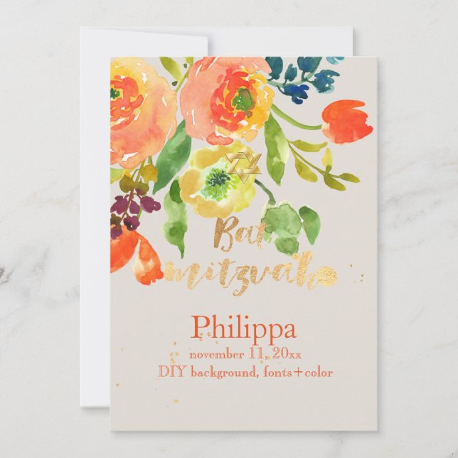 PixDezines Watercolor/Floral/RanunculusBat Mitzvah Invitation (Front)