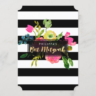PixDezines watercolor/floral/stripes bat mitzvah Invitation