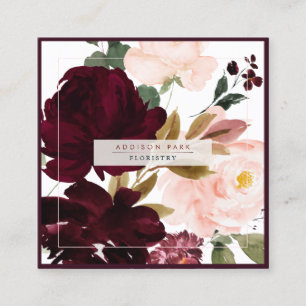 PixDezines Watercolor Flowers, Blush+Burgundy Square Business Card
