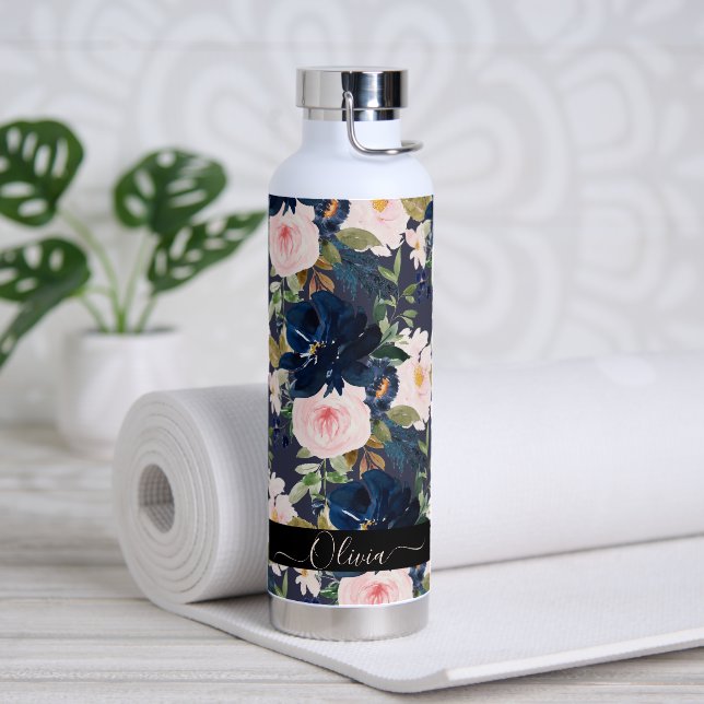 PixDezines Watercolor Flowers Blush Navy Water Bottle (Yoga)