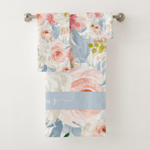 PixDezines Watercolor Flowers Blush Pink Roses Bath Towel Set