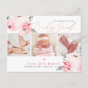 PixDezines Watercolor flowers, Girl Birth Postcard