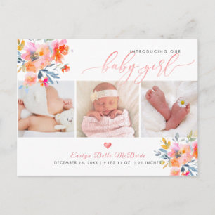 PixDezines Watercolor flowers, Girl Birth Postcard