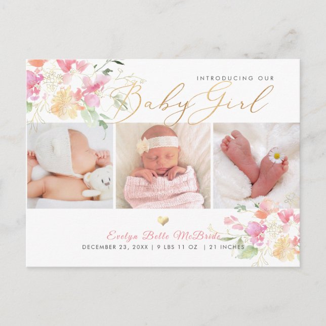 PixDezines Watercolor flowers, Girl Birth Postcard (Front)