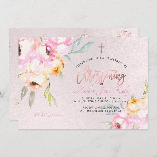 PixDezines Watercolor Flowers Peonies Christening Invitation (Front/Back)