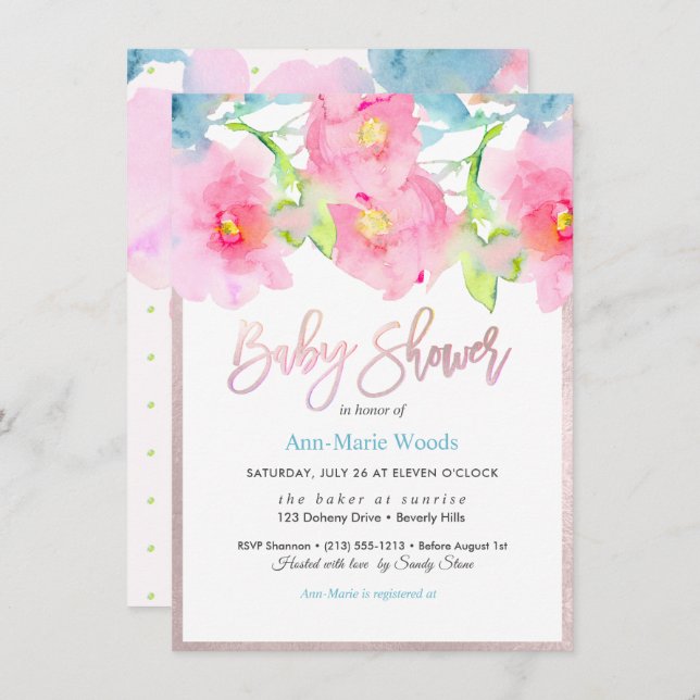 PixDezines Watercolor Garden Roses Baby Shower Invitation (Front/Back)