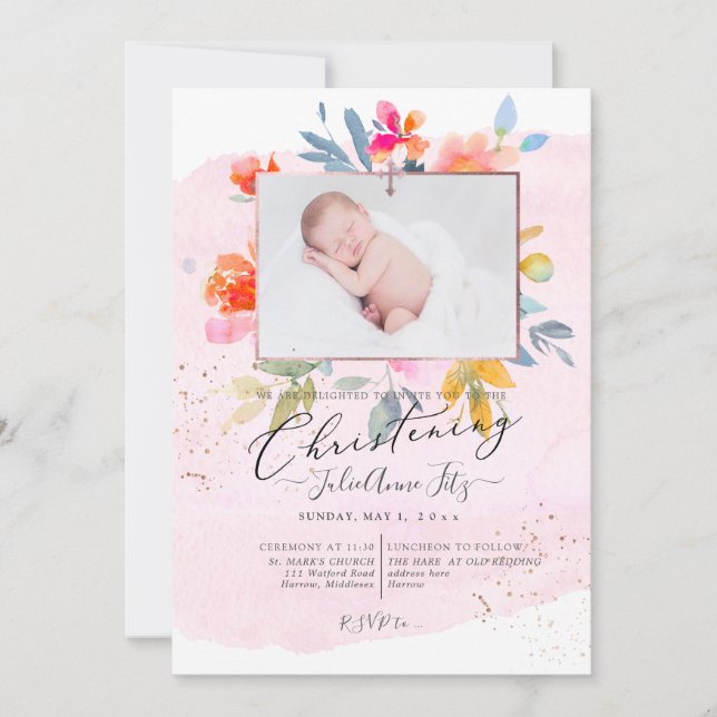 PixDezines Watercolor Garden Roses Christening Invitation (Front)