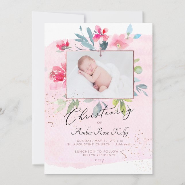 PixDezines Watercolor Gardeon Roses Christening Invitation (Front)