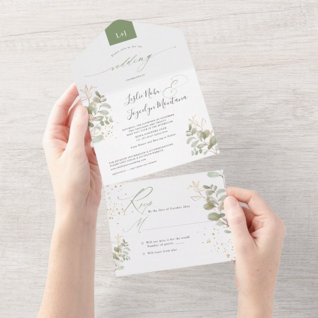 PixDezines Watercolor Green Gold Foliage All In One Invitation (Tearaway)