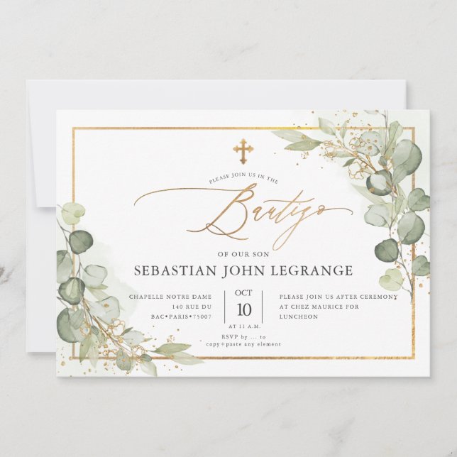 PixDezines Watercolor Gum Eucalyptus Bautizo Invitation (Front)