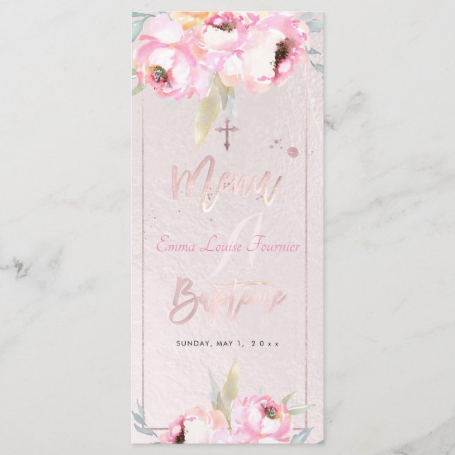 PixDezines Watercolor Peonies Baptême French Menu (Front)