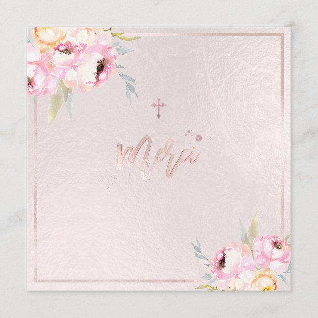 PixDezines Watercolor Peonies Baptême Merci Menu (Front)