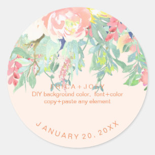 PixDezines Watercolor Peonies Peach+Mint Classic Round Sticker