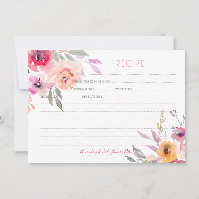 PixDezines Watercolor Peonies Recipe Card (Front)