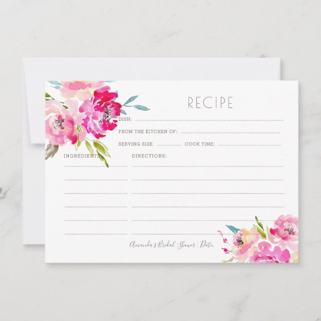 PixDezines Watercolor Peonies Recipe Card (Front)