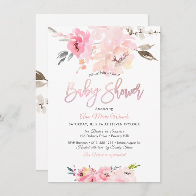 PixDezines Watercolor, Pink Peonies Baby Shower In Invitation (Front/Back)