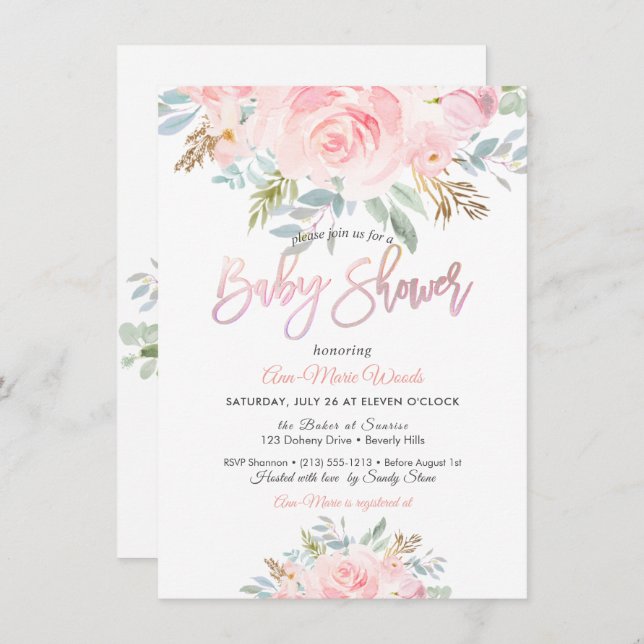 PixDezines Watercolor Pink Roses Baby Shower Invitation (Front/Back)