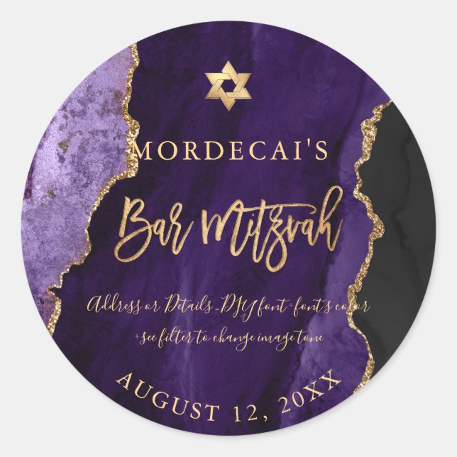 PixDezines Watercolor Purple Agate Bar Mitzvah Classic Round Sticker (Front)