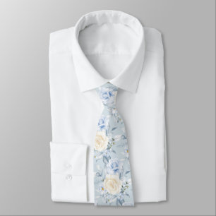 PixDezines Watercolor Roses Blue Cream Neck Tie