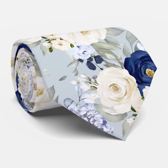 PixDezines Watercolor Roses Navy Blue Cream Tie (Rolled)
