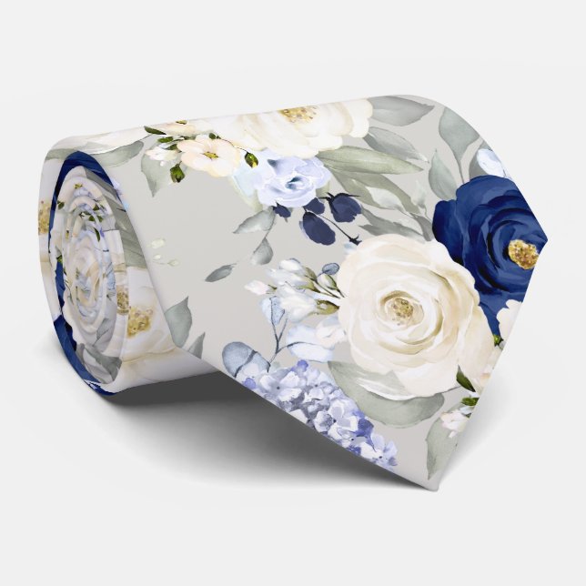 PixDezines Watercolor Roses Navy Blue Cream Tie (Rolled)