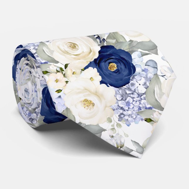 PixDezines Watercolor Roses Navy Blue Cream Tie (Rolled)
