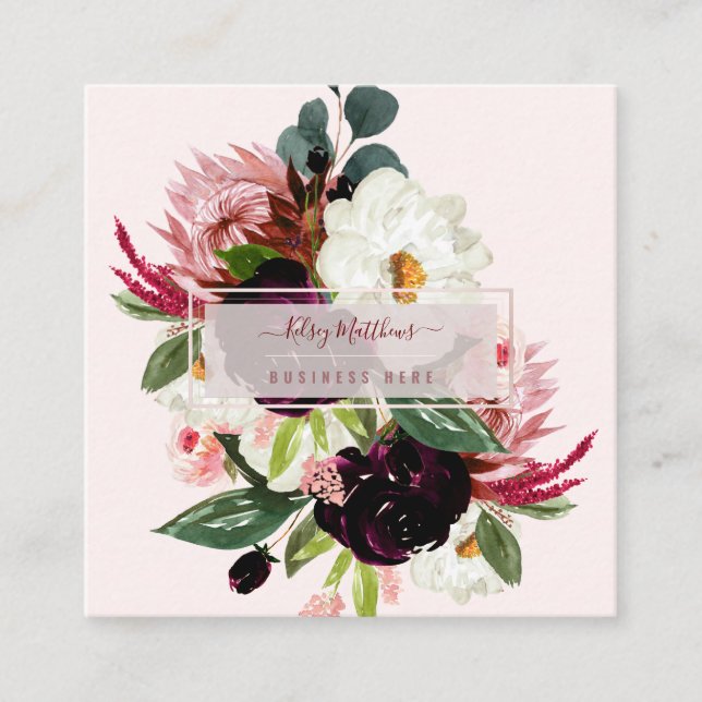 PixDezines Watercolor Rustic Bloom Blush Burgundy Square Business Card (Front)