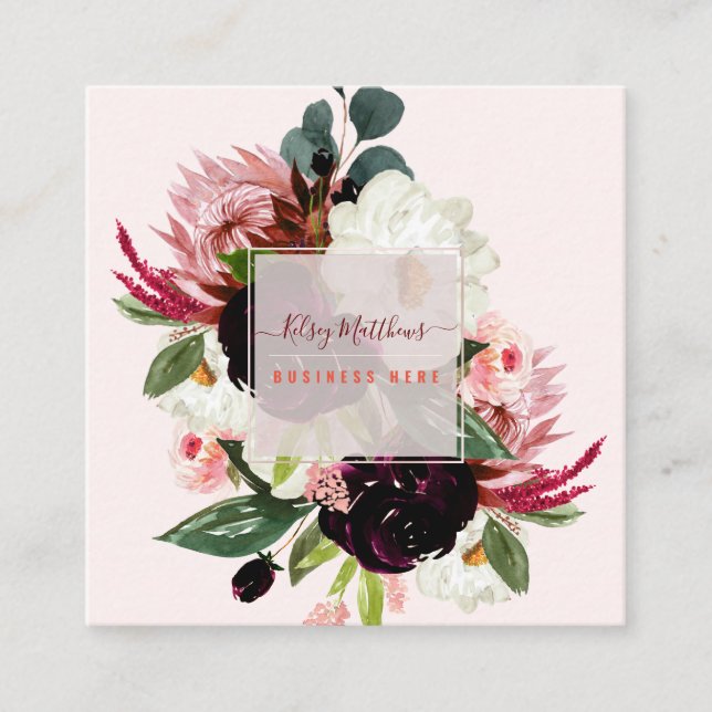 PixDezines Watercolor Rustic Bloom Square Business Card (Front)