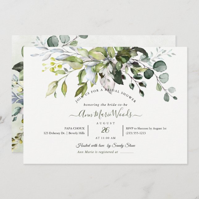 PixDezines Watercolor Rustic Eucalyptus Bridal Invitation (Front/Back)