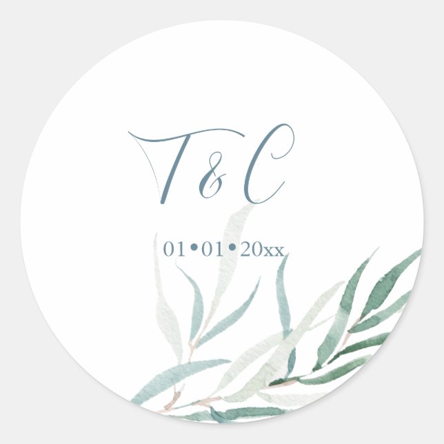 PixDezines Watercolor Sublime Dusty Blue Foliage Classic Round Sticker (Front)