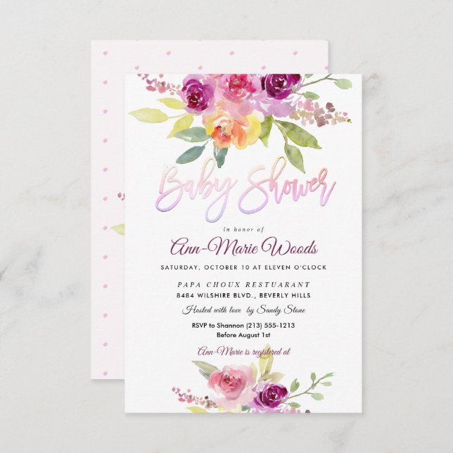 PixDezines Watercolor Summer Roses Baby Shower Invitation (Front/Back)