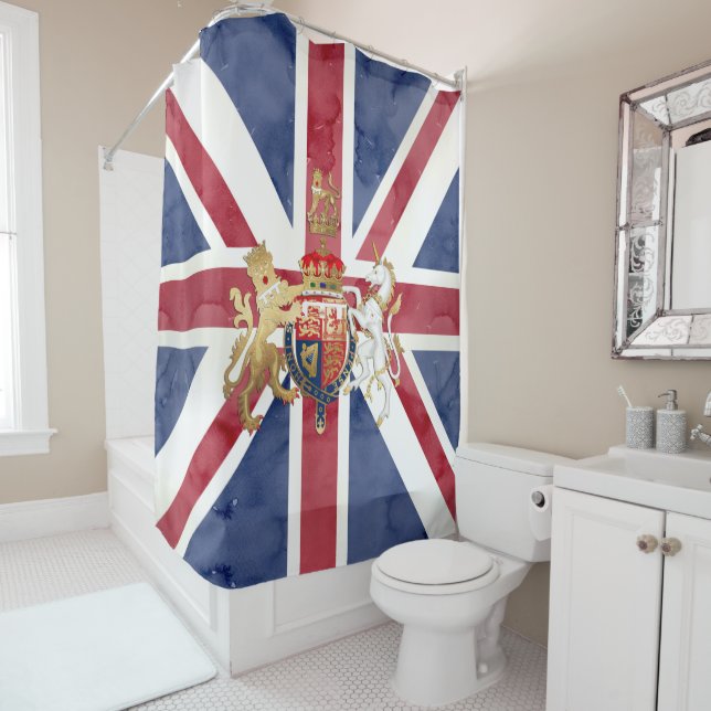 PIXDEZINES WATERCOLOR UNION JACK and INSIGNIA Shower Curtain (In Situ)