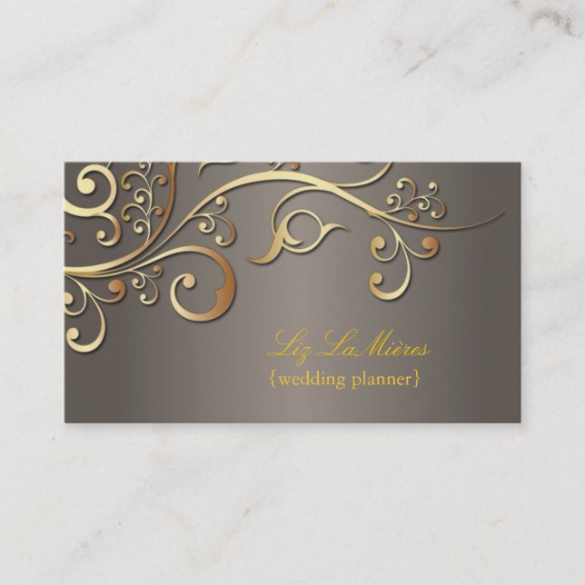 PixDezines Wedding Planner, gold ornamental swirls Business Card (Front)