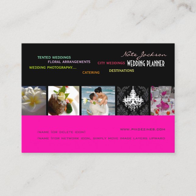 PixDezines wedding planners/diy colours+fonts Business Card (Front)