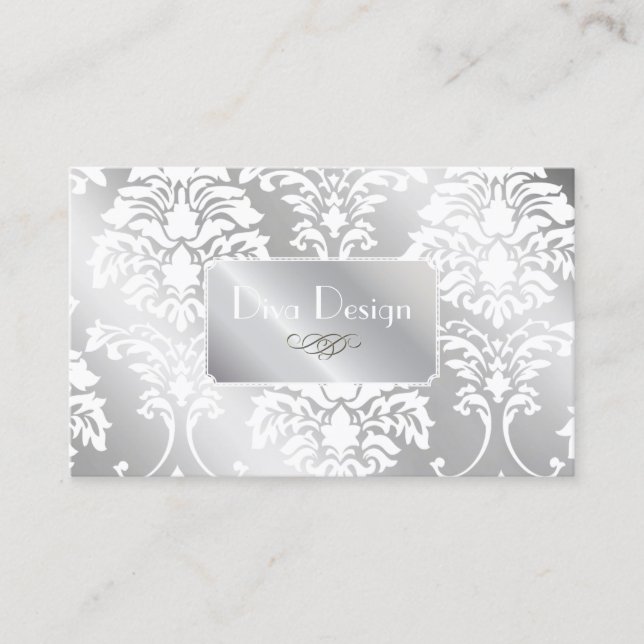 PixDezines White Damask + Silver Tone Business Card (Front)