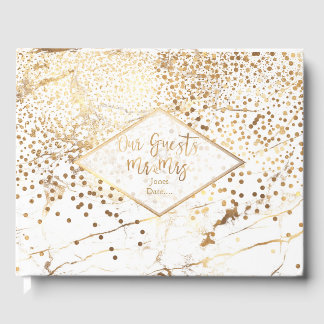 PixDezines WHITE MARBLE+FAUX GOLD CONFETTI Guest Book