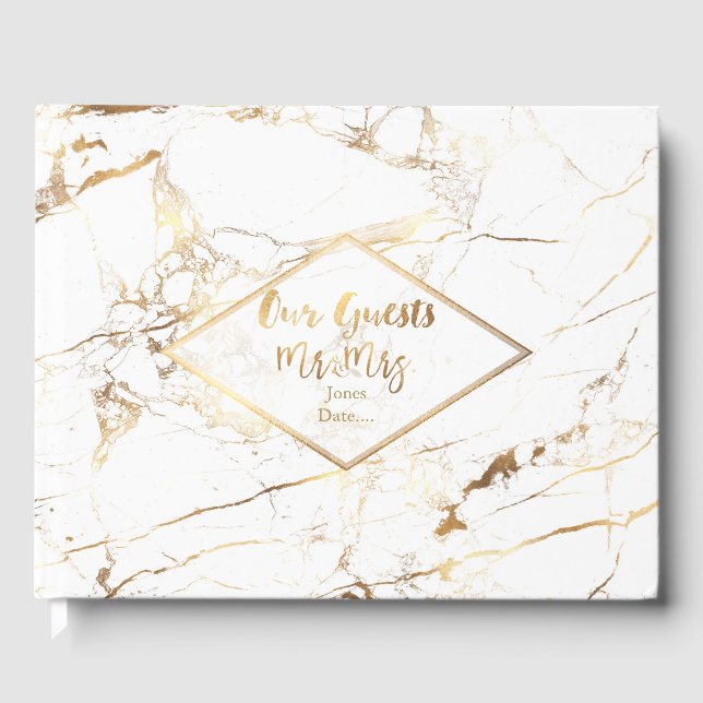 PixDezines WHITE MARBLE+FAUX GOLD VEINS Guest Book (Front)
