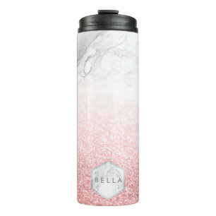 PixDezines WHITE MARBLE+FAUX ROSE GOLD GLITTERS Thermal Tumbler