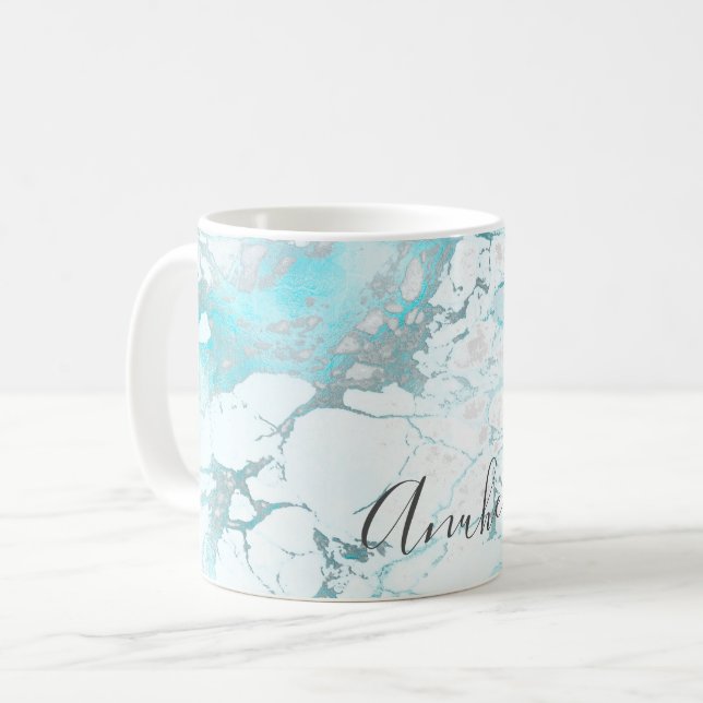 PixDezines WHITE MARBLE+IRIDESCENT TURQUOISE VEINS Coffee Mug (Front Left)