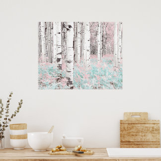 PixDezines Winter Birch Forest Blue Ferns Bed Poster