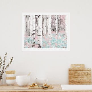 PixDezines Winter Birch Forest Blue Ferns Bed Poster